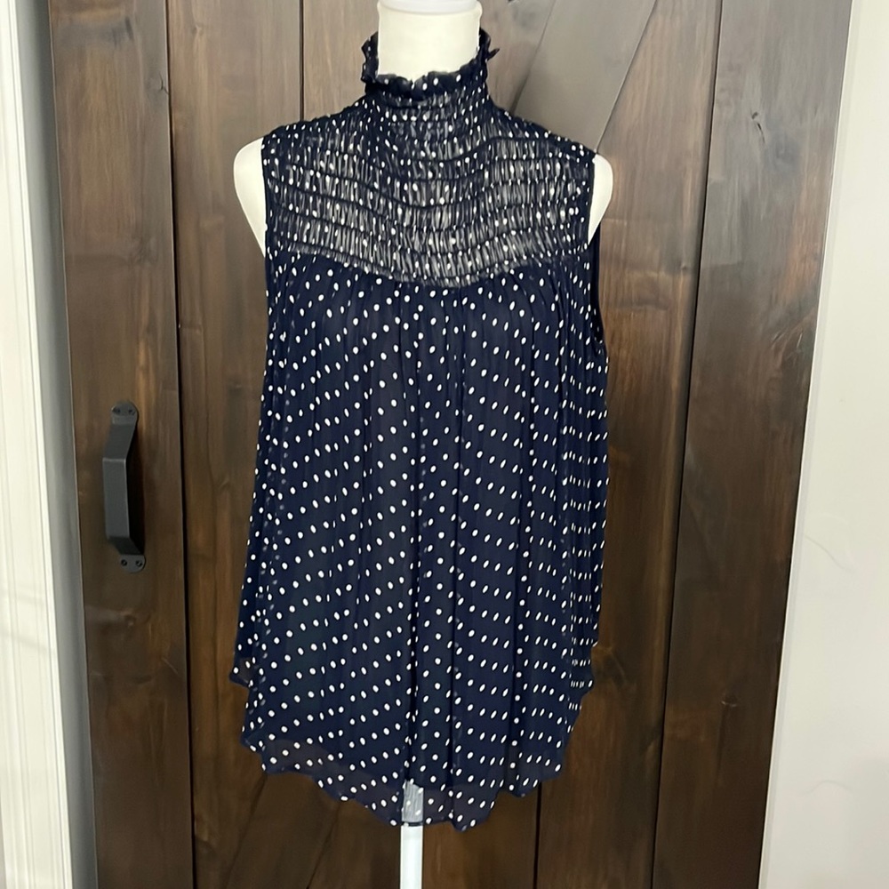 Frame Sleeveless Mock Neck Blouse Navy Blue and White Sz S Nwout Tags